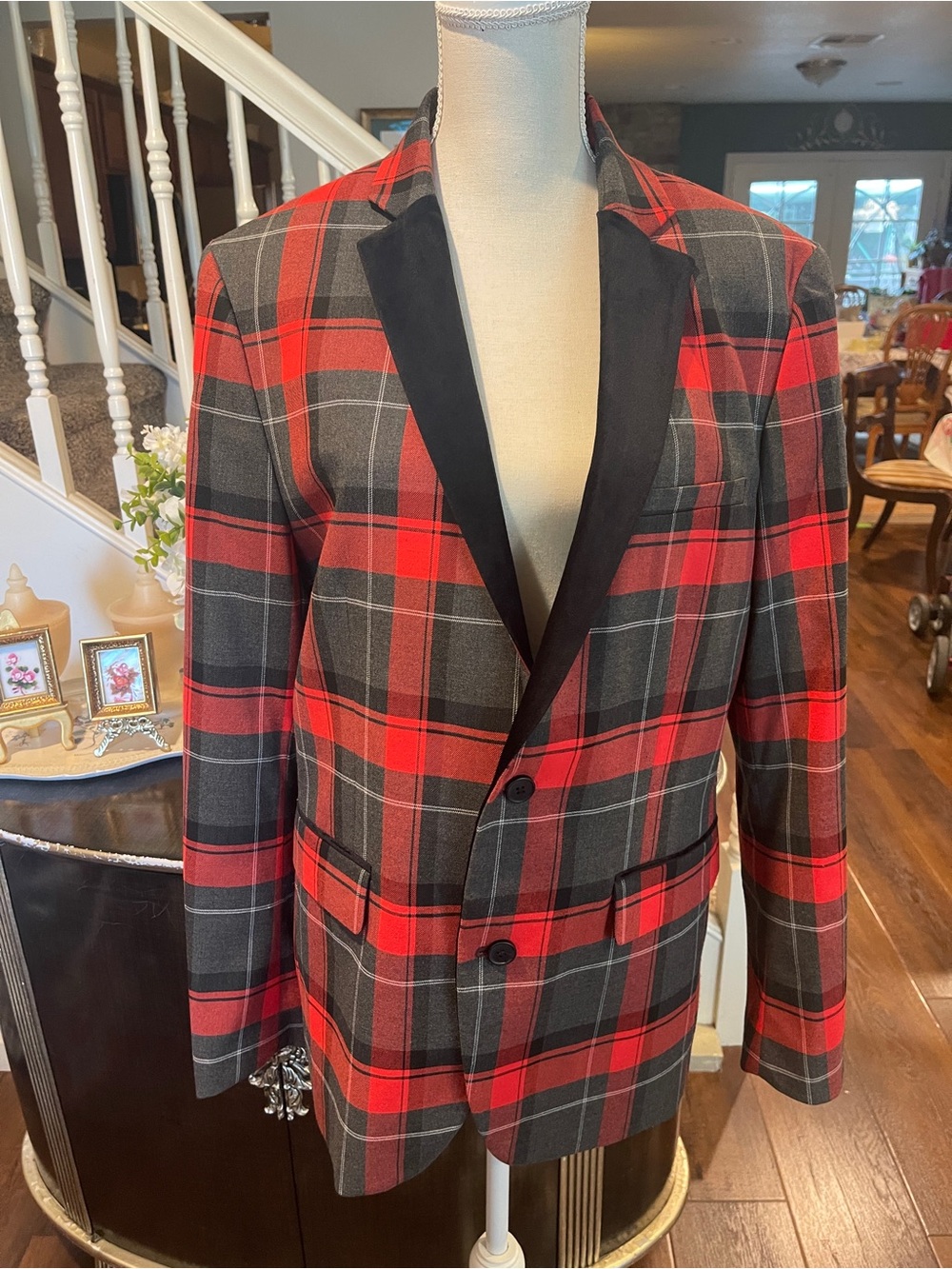 INC Women’s Red and Gray Plaid Blazer with Black Velvet Lapel Size L